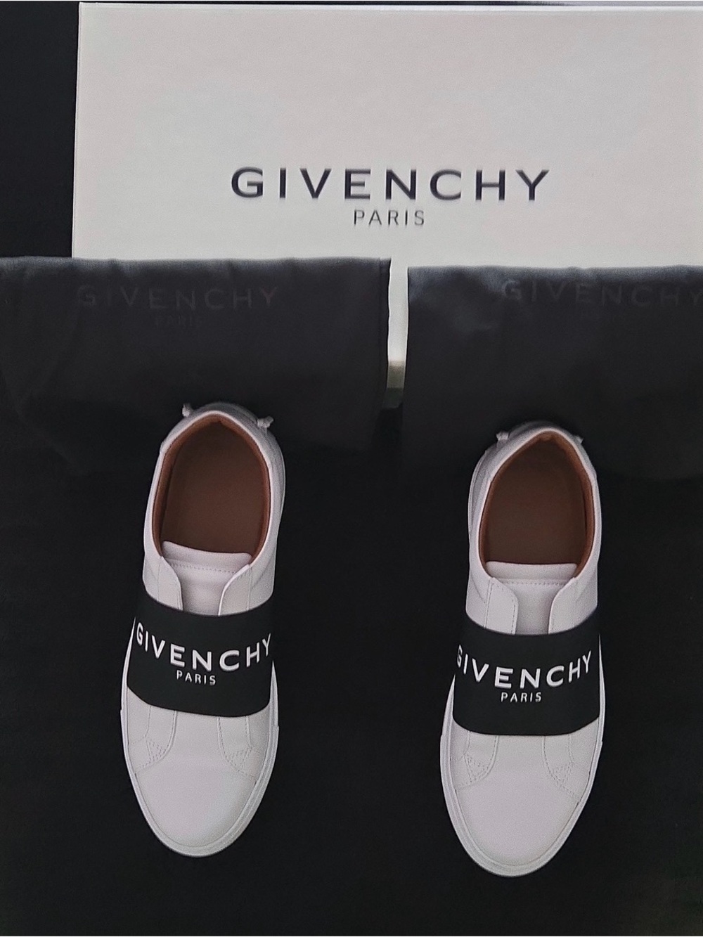 Givenchy White Leather Slip-Ons with Black Logo Band